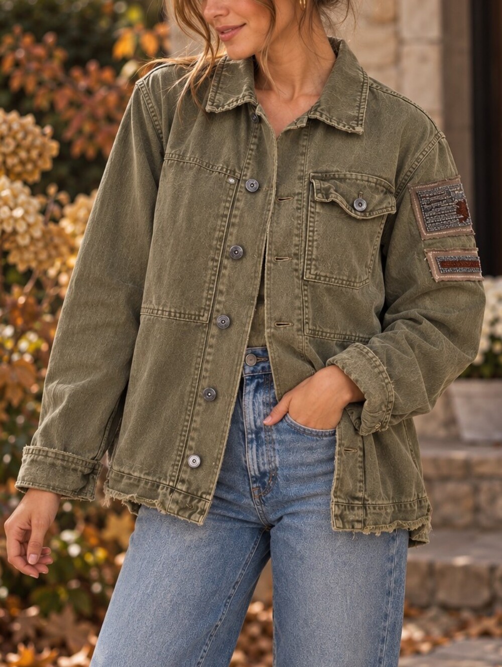 Free People Embellished Military Shirt Jacket Olive Green Herringbone Small